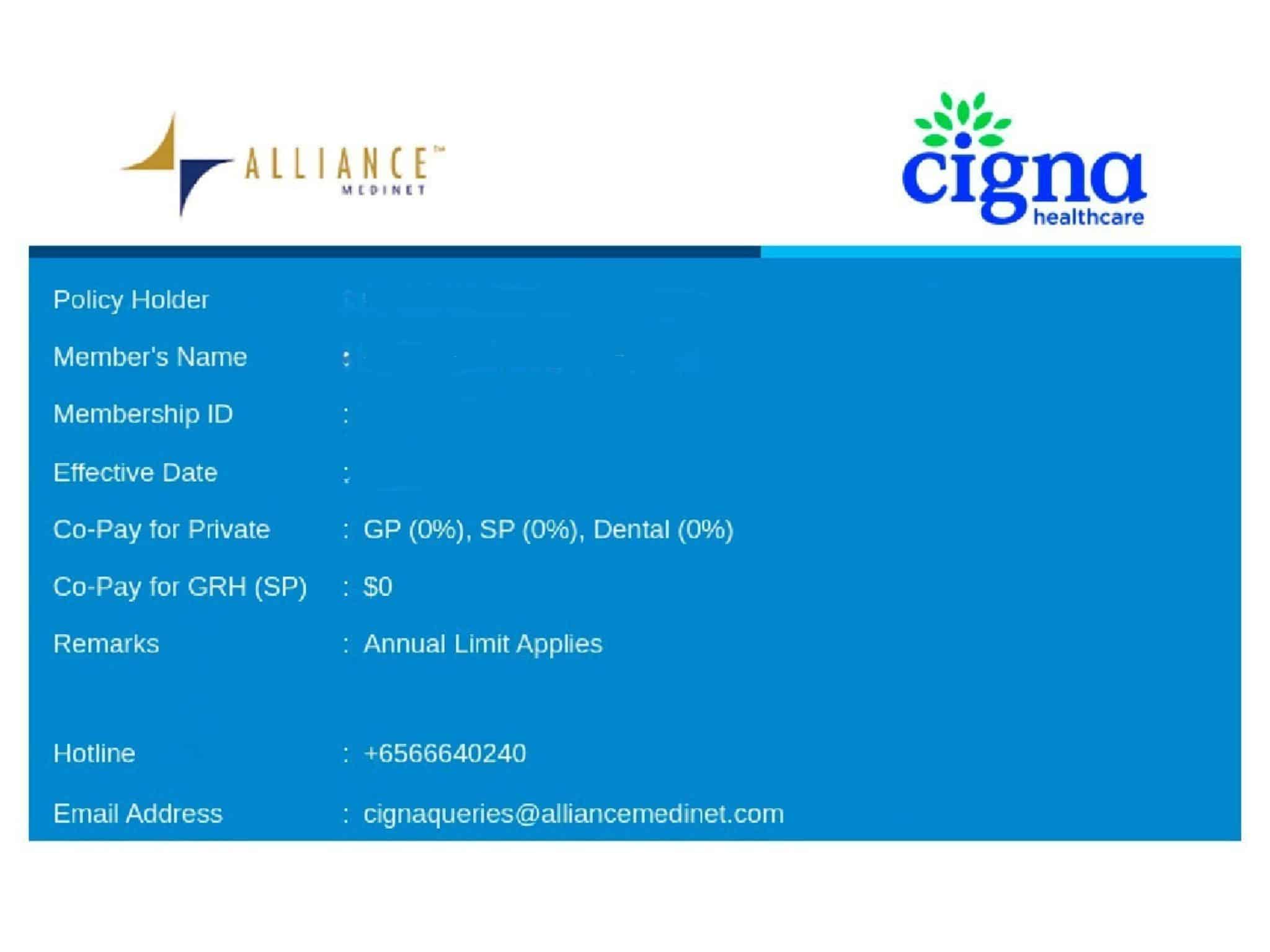 Cigna dental insurance card via Alliance Medinet — direct billing cashless pathway in Singapore