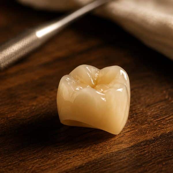 Zirconia dental crown inspection at Dentalis — laboratory-fabricated, metal-free